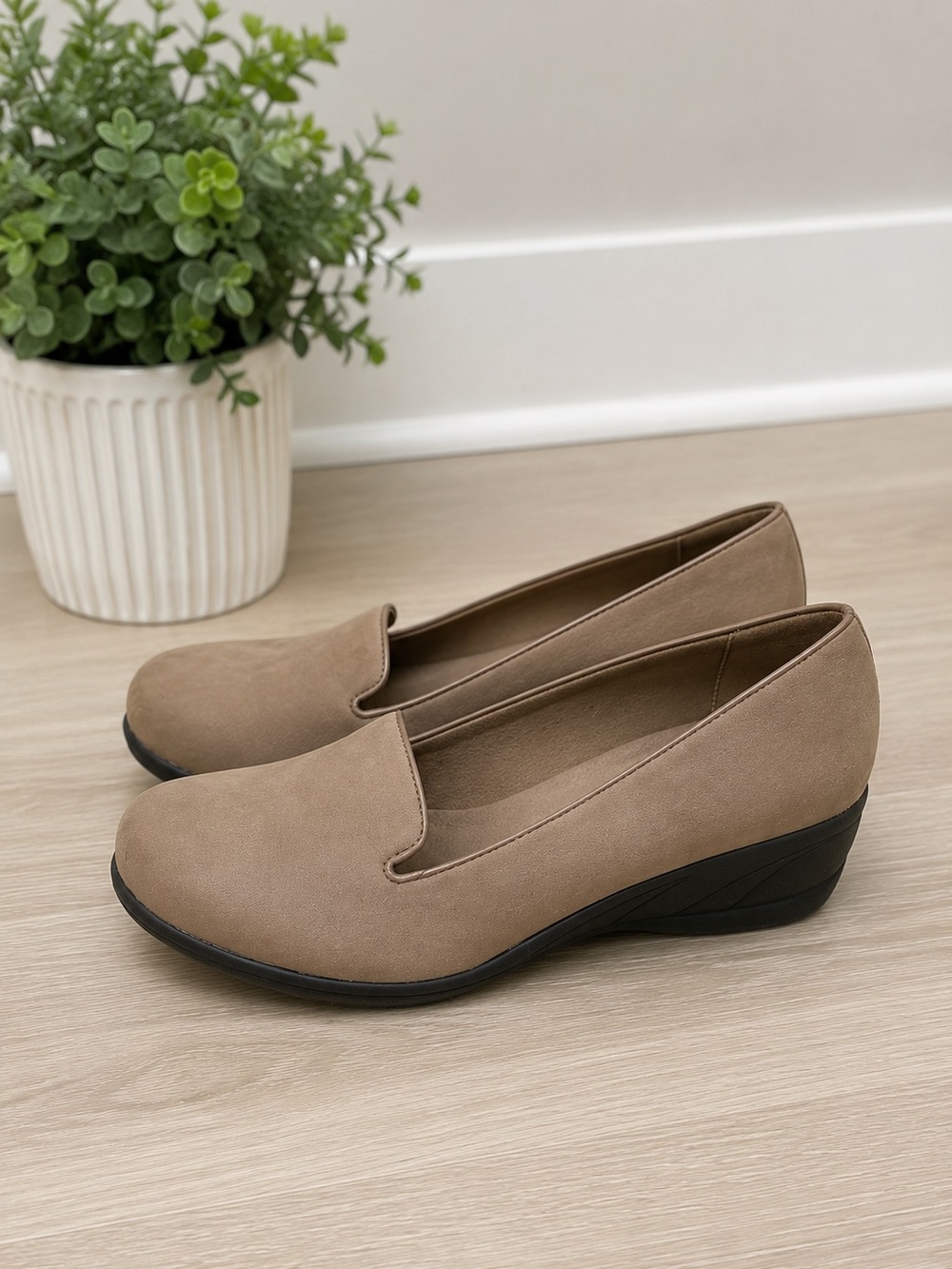 Taupe Hush Puppies Wedge Loafers